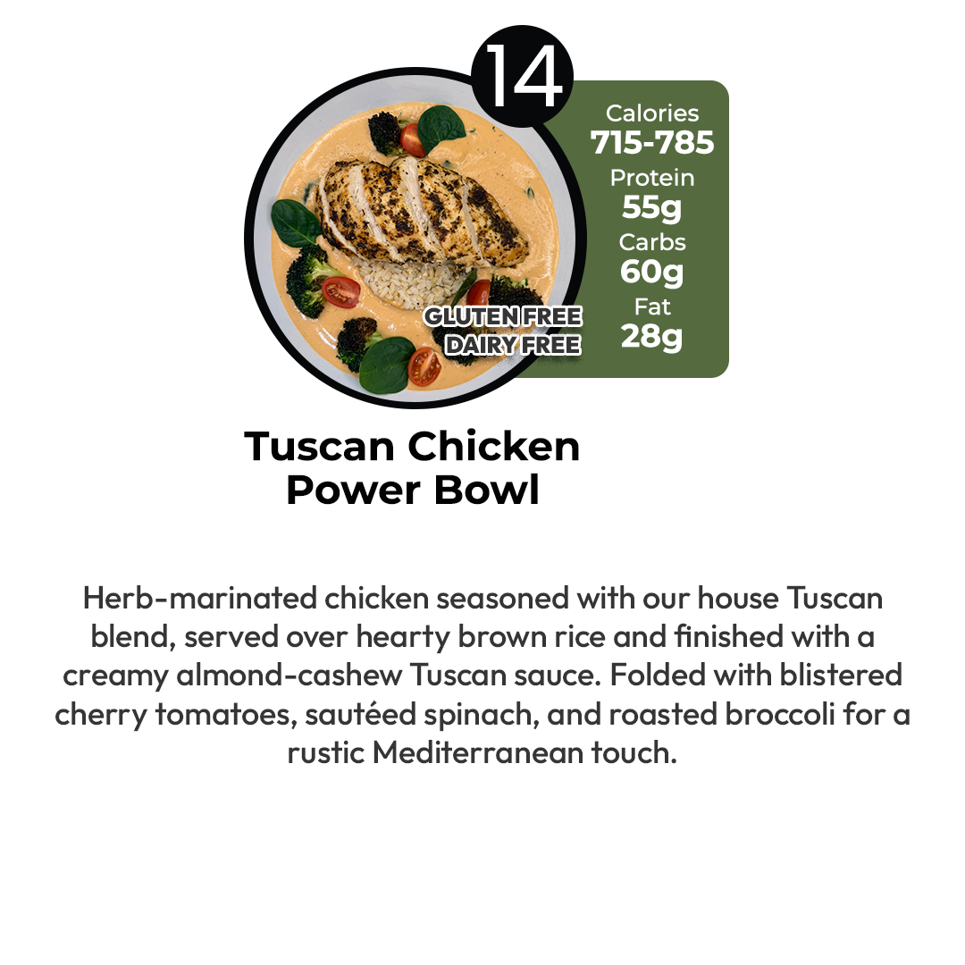 Tuscan Power Bowl with nutritional information on a white background